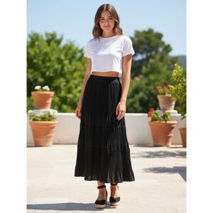 DAZY Pleated Accordion Tiered Elastic Waist Midi Skirt - Size L